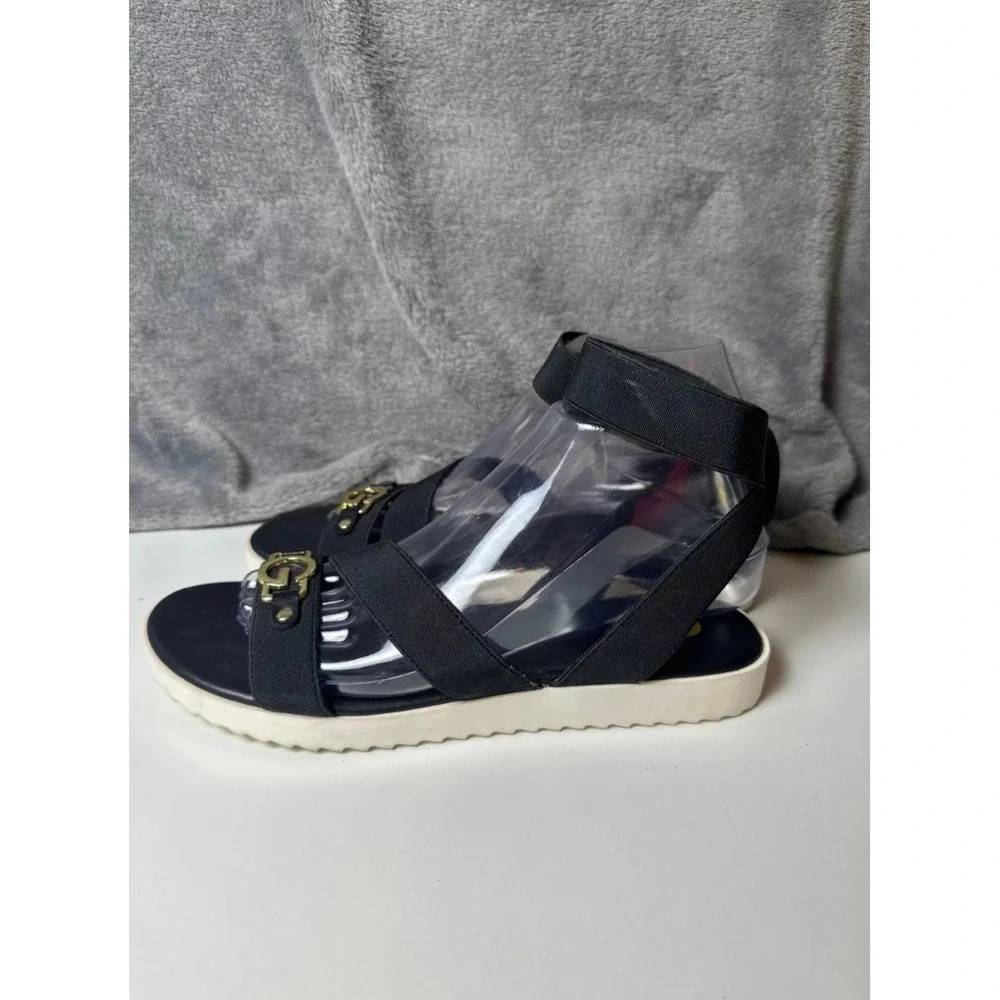 G by Guess GBG Black‎ Elastic Ankle Strap Sandals Wedges Gold Logo Accent 8.5